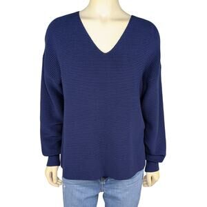 Premise Ribbed Knit V-Neck Sweater Womens Large Navy Blue Slouchy Minimalist